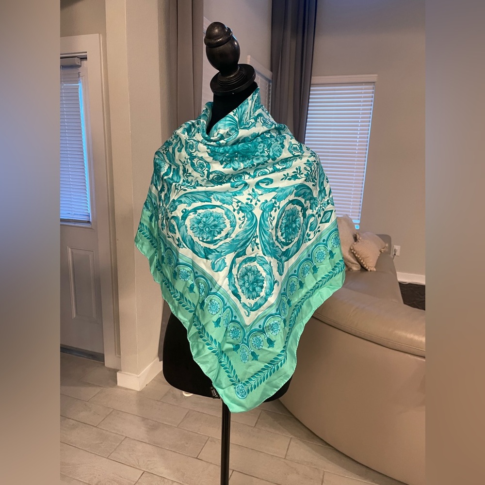 Authentic Versace Baroque Print vanitas aqua hand rolled hem Silk Scarf
